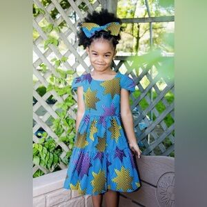 Ade Ori Handmade African Wax Print Aja Girl Dress Blue and Yellow Stars Sz. 6-7